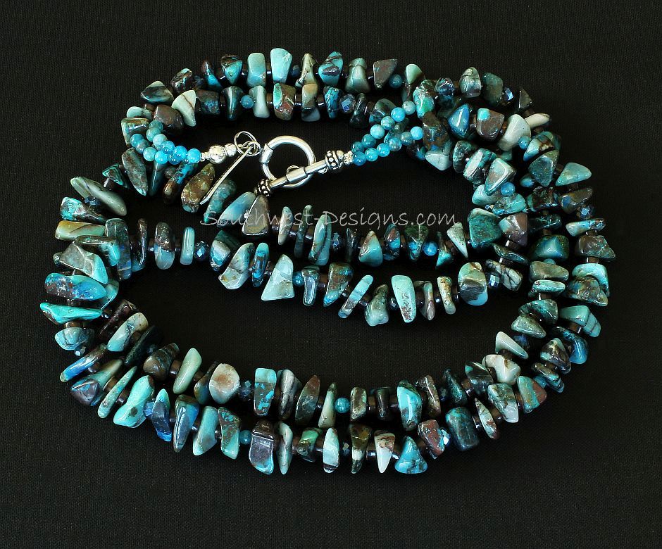 Azurite Chip 2-Strand Necklace with Apatite Rounds, Faceted Glass, Pen Shell Heishi and Sterling Silver