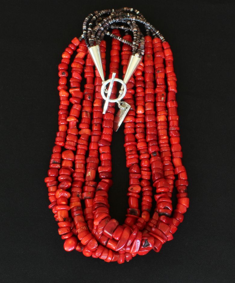 Bamboo Coral Chunky Heishi 5-Strand Necklace with Olive Shell Heishi and Sterling