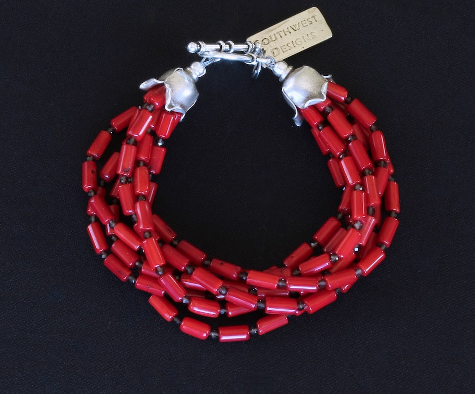 Bamboo Coral Cylinder Bead 7-Strand Bracelet with Smoky Quartz and Sterling Silver