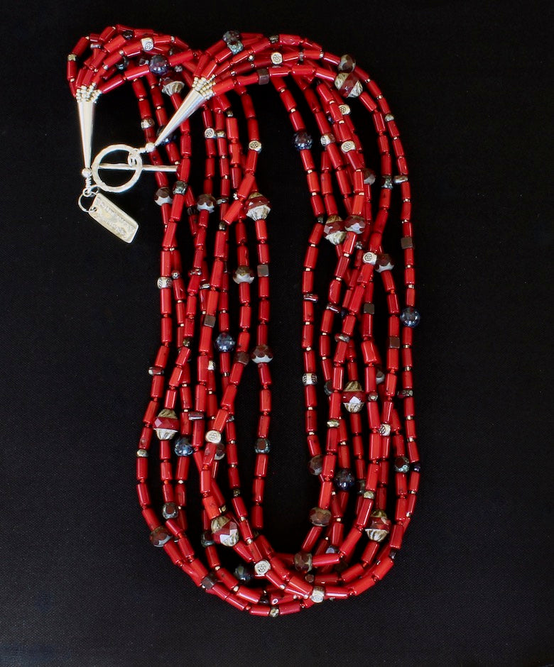 Bamboo Coral Cylinder Bead 8-Strand Necklace with Czech Glass and Sterling Silver