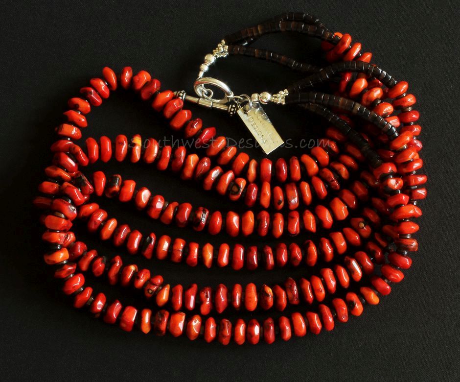 Bamboo Coral Faceted Rondelles 3-Strand Necklace with Sterling Silver