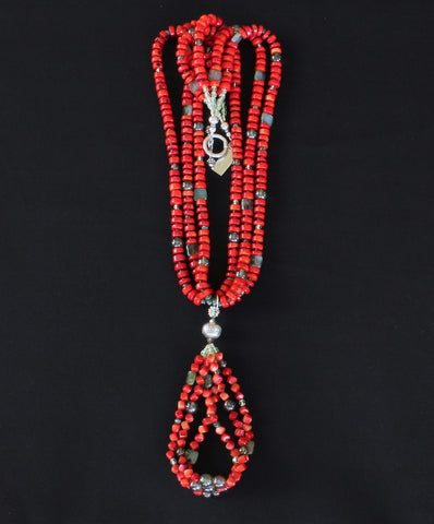 Bamboo Coral Heishi 3-Strand Necklace with 3-Loop Jacla, Czech Glass and Sterling Silver