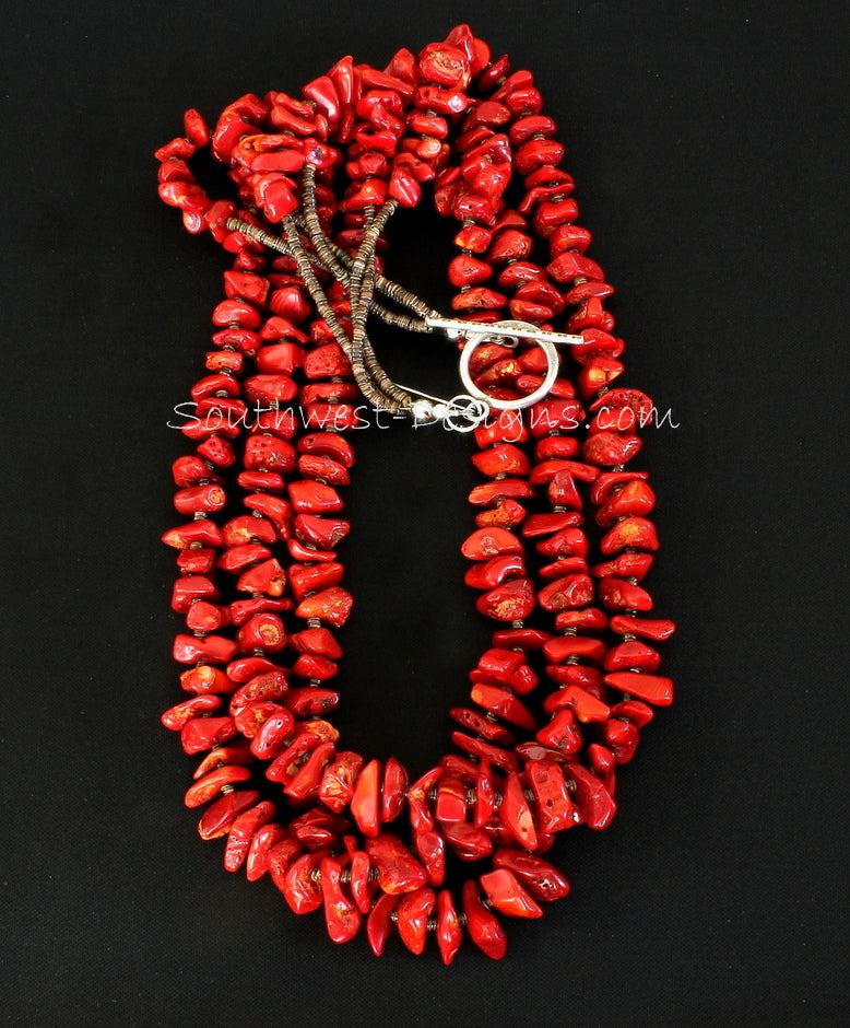 Bamboo Coral Nugget 3-Strand Necklace with Olive Shell Heishi & Sterling Silver