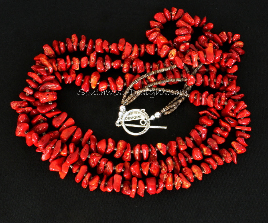 Bamboo Coral Nugget 3-Strand Necklace with Olive Shell Heishi & Sterling Silver