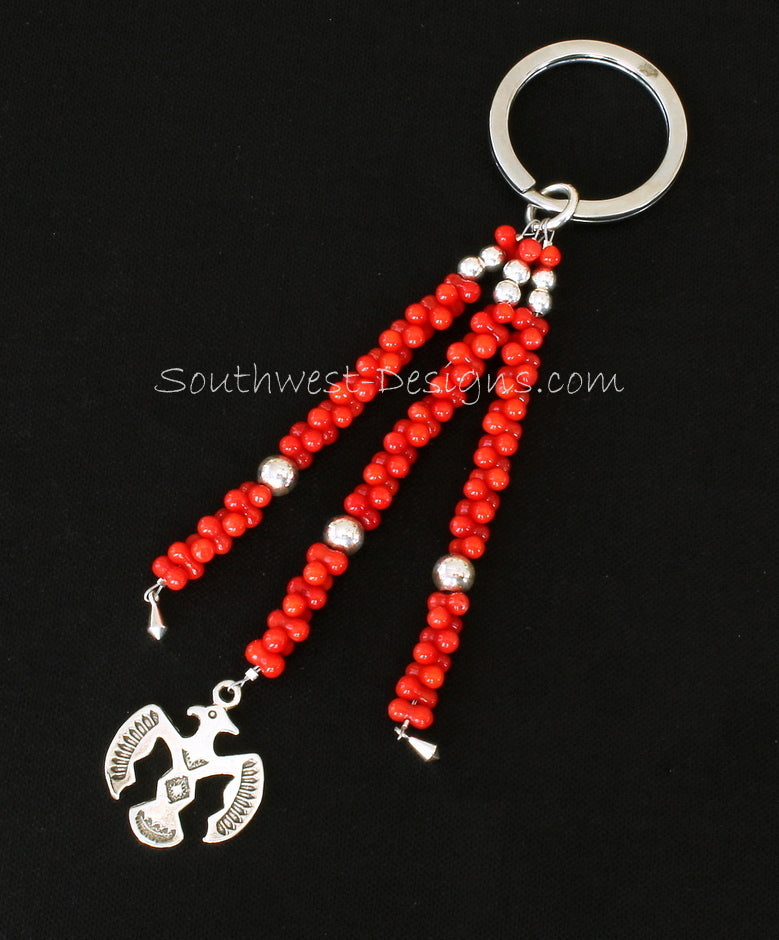 Stainless Steel Key Ring with 3 Strands of Bamboo Coral, Sterling Silver Thunderbird and Kite Charms, and Sterling Rounds
