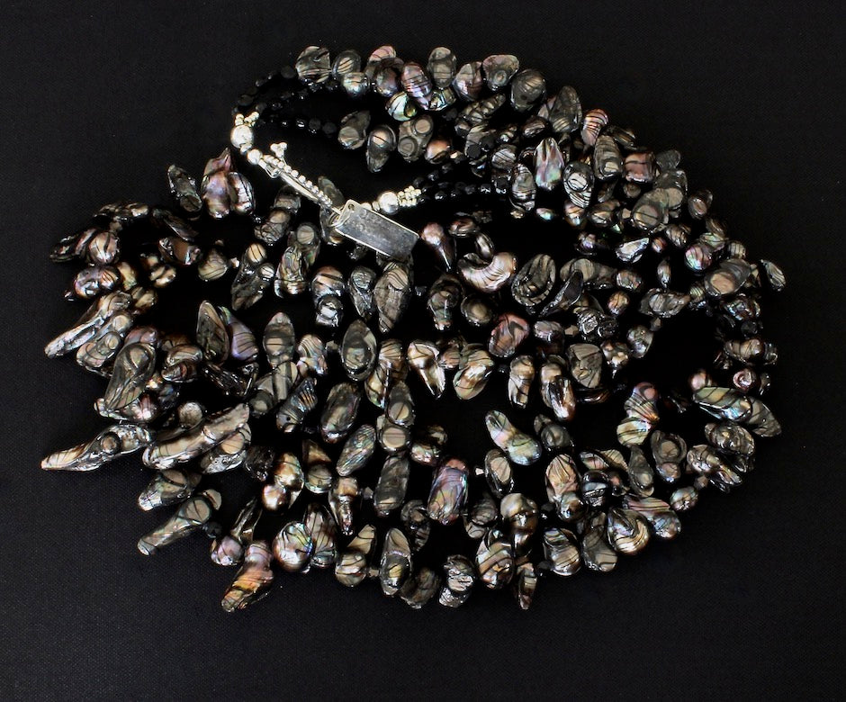 Black Keishi Pearl 3-Strand Necklace with Vintage Czech Nailheads and Sterling Silver
