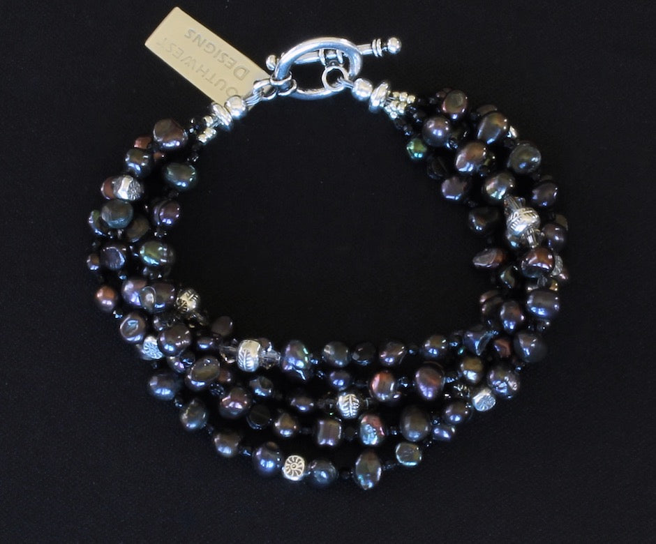 Black Nugget Pearl 5-Strand Bracelet with Czech Nailheads and Sterling Silver