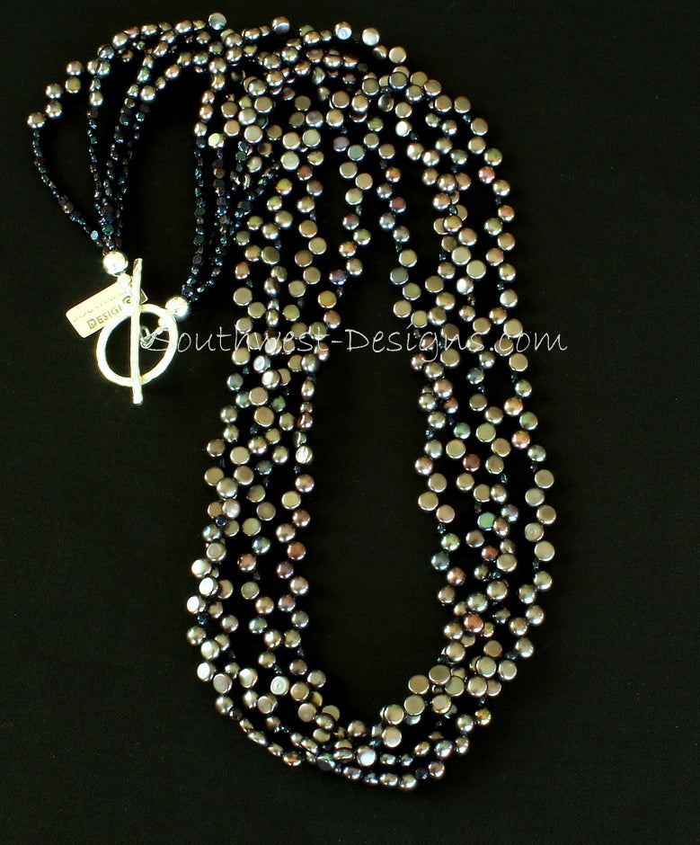 Black Button Pearl 4-Strand Necklace with Vintage Czechoslovakian Nailheads and Sterling Silver