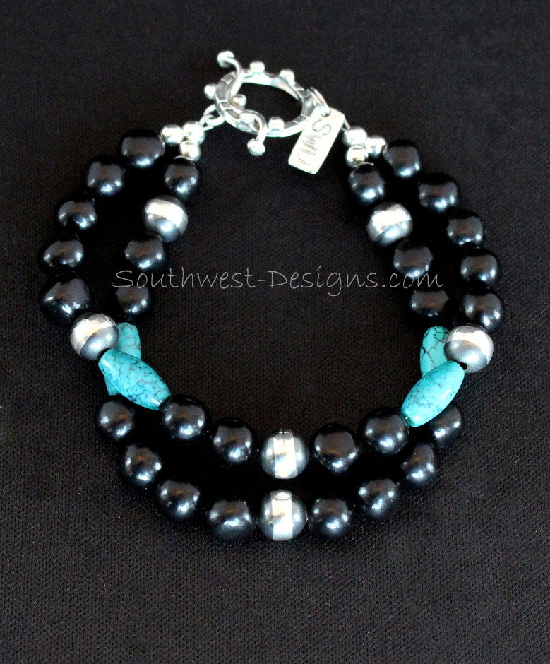 New Mexico Black Jet 2-Strand Bracelet with Turquoise Barrel Beads and Sterling Silver