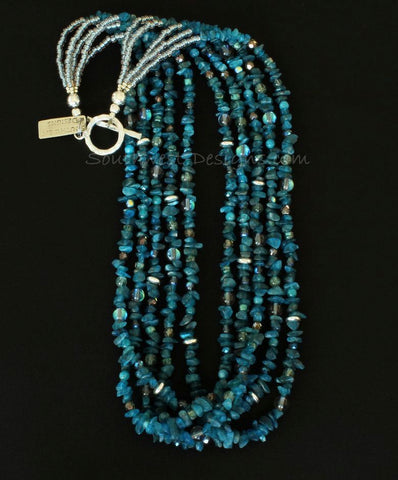Blue Apatite Chip 5-Strand Necklace with Apatite Rounds, Czech Glass and Sterling Silver