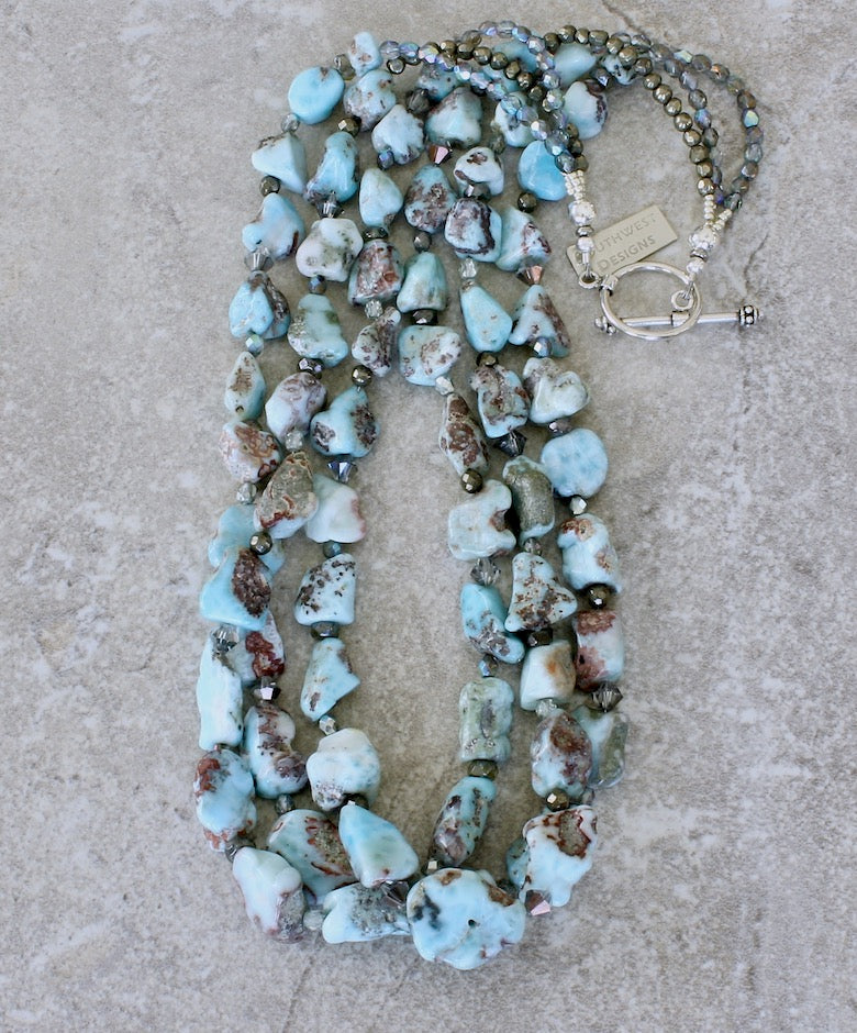 Blue Larimar Nugget 3-Strand Necklace with Pyrite, Czech Glass & Sterling Silver