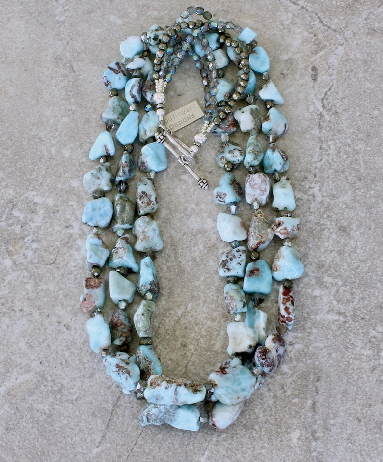 Blue Larimar Nugget 3-Strand Necklace with Pyrite, Czech Glass & Sterling Silver
