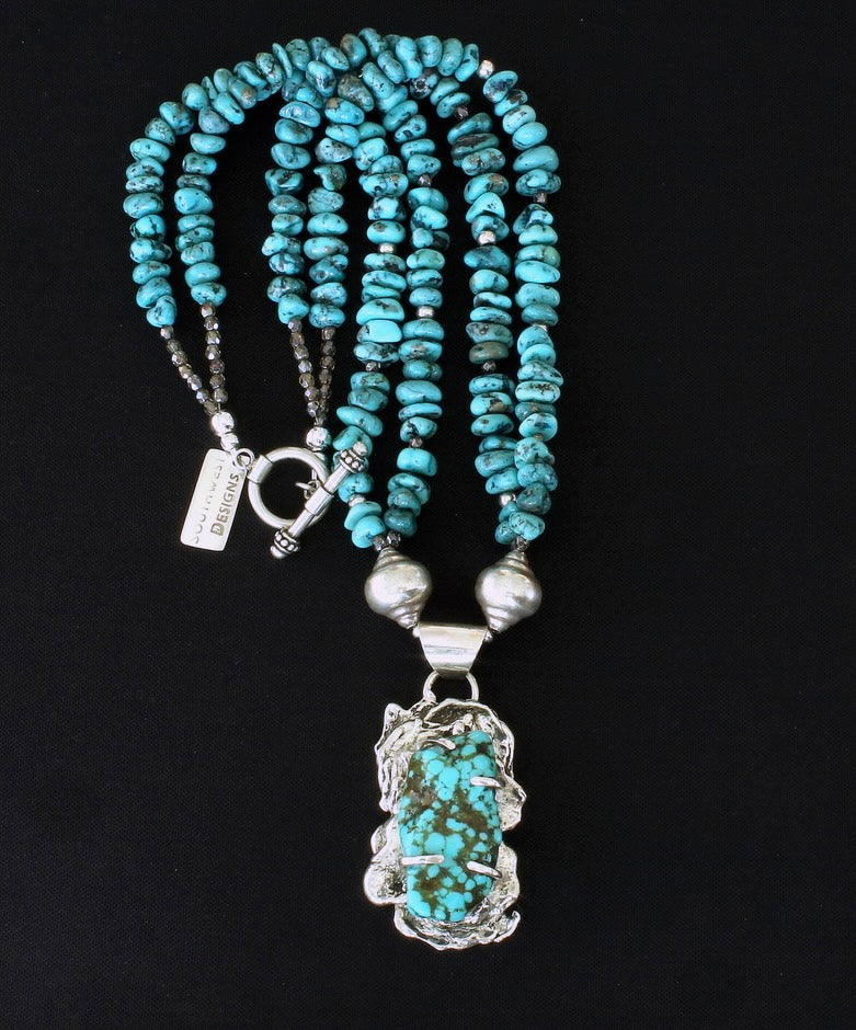 Blue Vein Turquoise and Reticulated Silver Pendant with 2 Strands of Turquoise Nuggets and Sterling