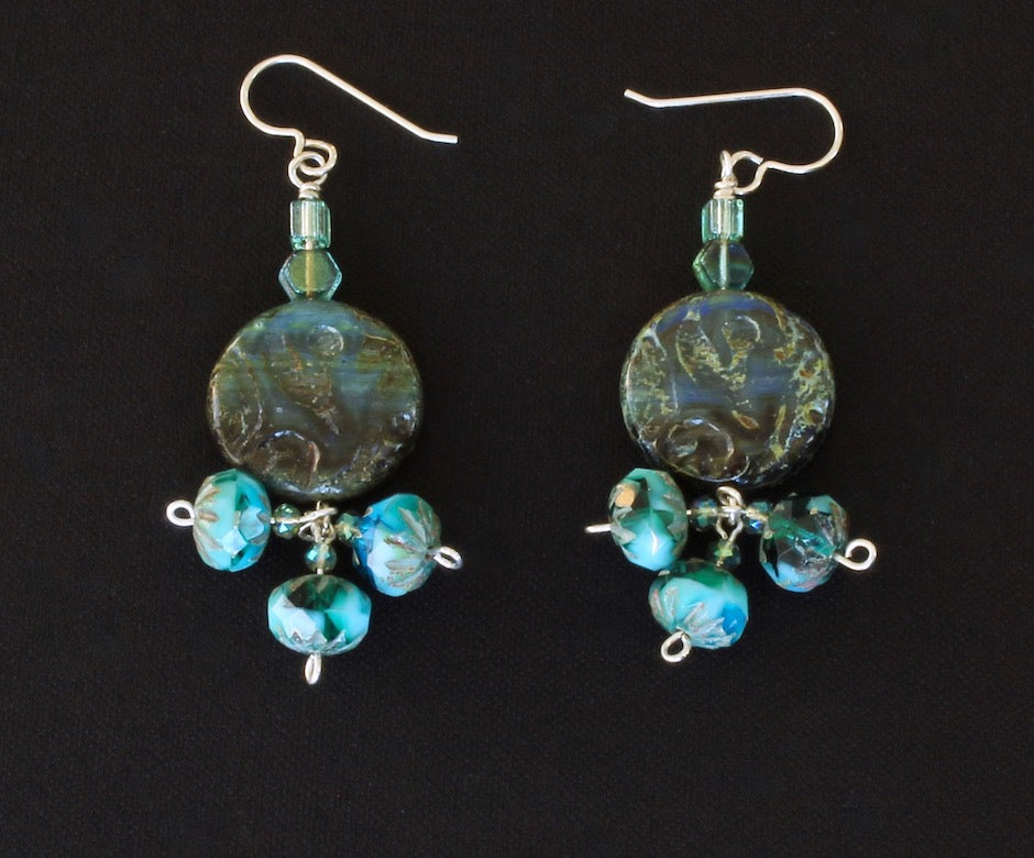 Blue & Green Czech Glass Coin Beads with Triple Dangles and Sterling