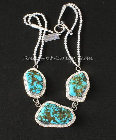Blue Vein Turquoise and Sterling Silver 3-Pendant Necklace with Sterling Silver Rounds
