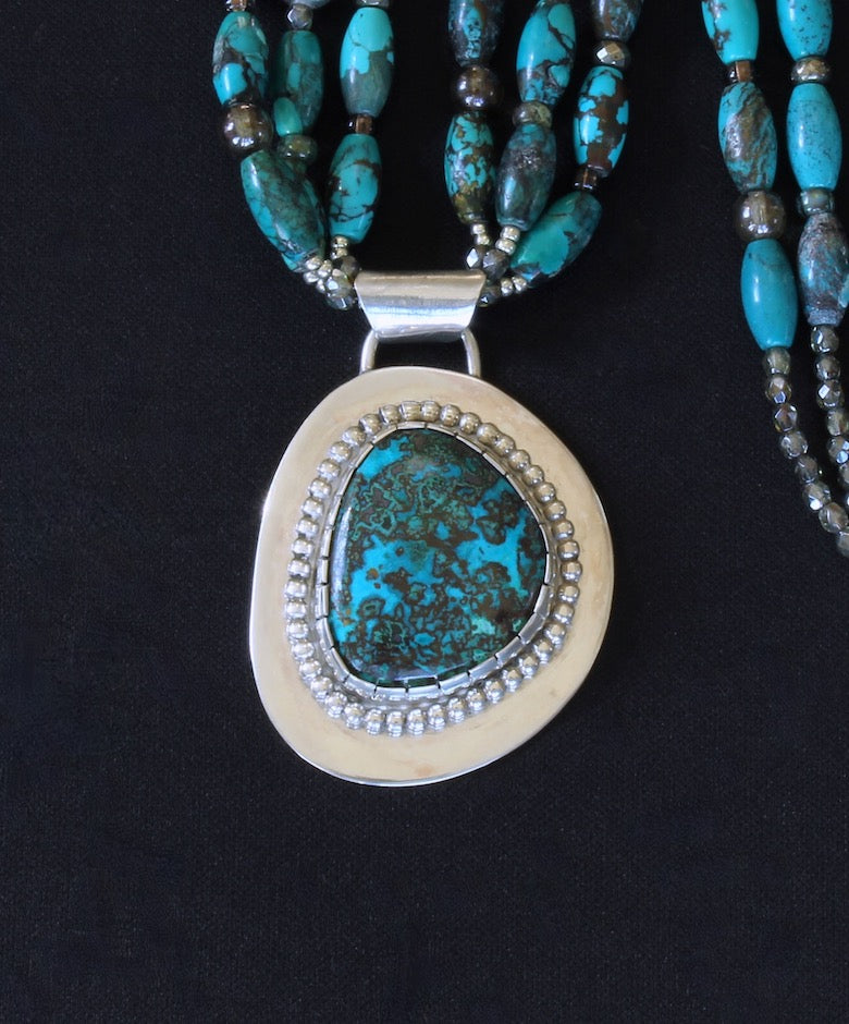 Chrysocolla-Malachite and Sterling Silver Pendant with 3 Strands of Turquoise Long Ovals, Czech Glass and Sterling