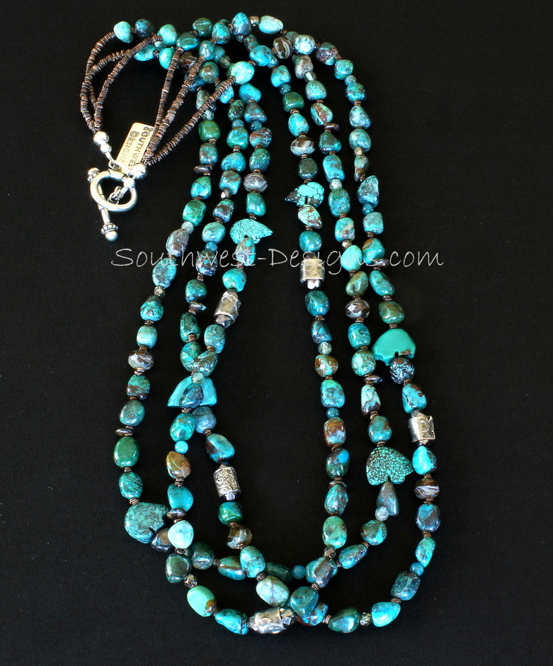 3-Strand Chrysocolla Nugget Necklace with Mojo Cylinder Beads, Apatite, Turquoise Fetishes and Sterling Silver