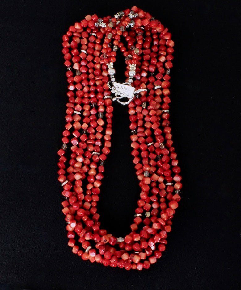Bamboo Coral Cubes 6-Strand Necklace with Fire Polished Glass and Sterling Silver