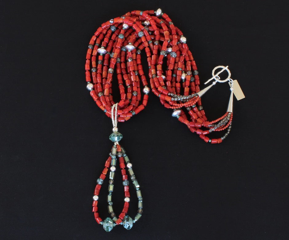 Bamboo Coral Cylinder Bead 6-Strand Necklace with Crystal & Coral Jacla