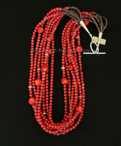 Bamboo Coral Rounds 7-Strand Necklace with Coral Nuggets and Sterling Silver