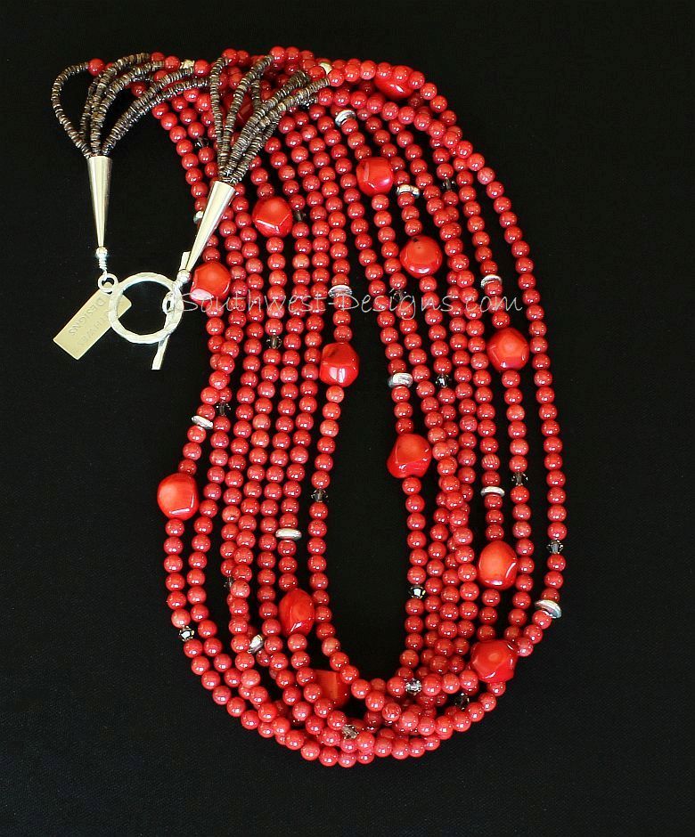 Bamboo Coral Rounds 7-Strand Necklace with Coral Nuggets and Sterling Silver