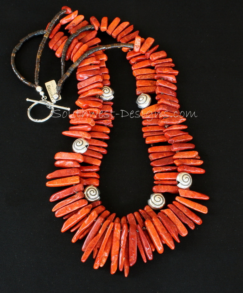 Graduated Coral Spike 2-Strand Necklace with Shell Heishi and Sterling Silver Coiled Shell Beads and Toggle Clasp