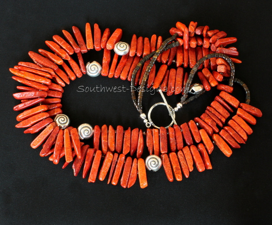 Graduated Coral Spike 2-Strand Necklace with Shell Heishi and Sterling Silver Coiled Shell Beads and Toggle Clasp