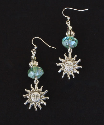 Czech Glass Aqua Saucer Bead Earrings with Sterling Silver Beads and Sun Charms