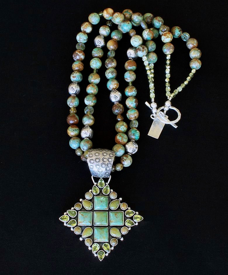29-Stone Turquoise & Peridot Pendant with 2 Strands of Royston Boulder Turquoise
