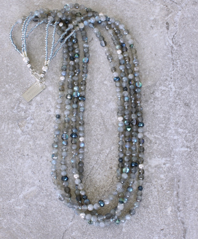 Gray Labradorite Faceted Rounds 4-Strand Necklace with Czech Glass and Sterling Silver