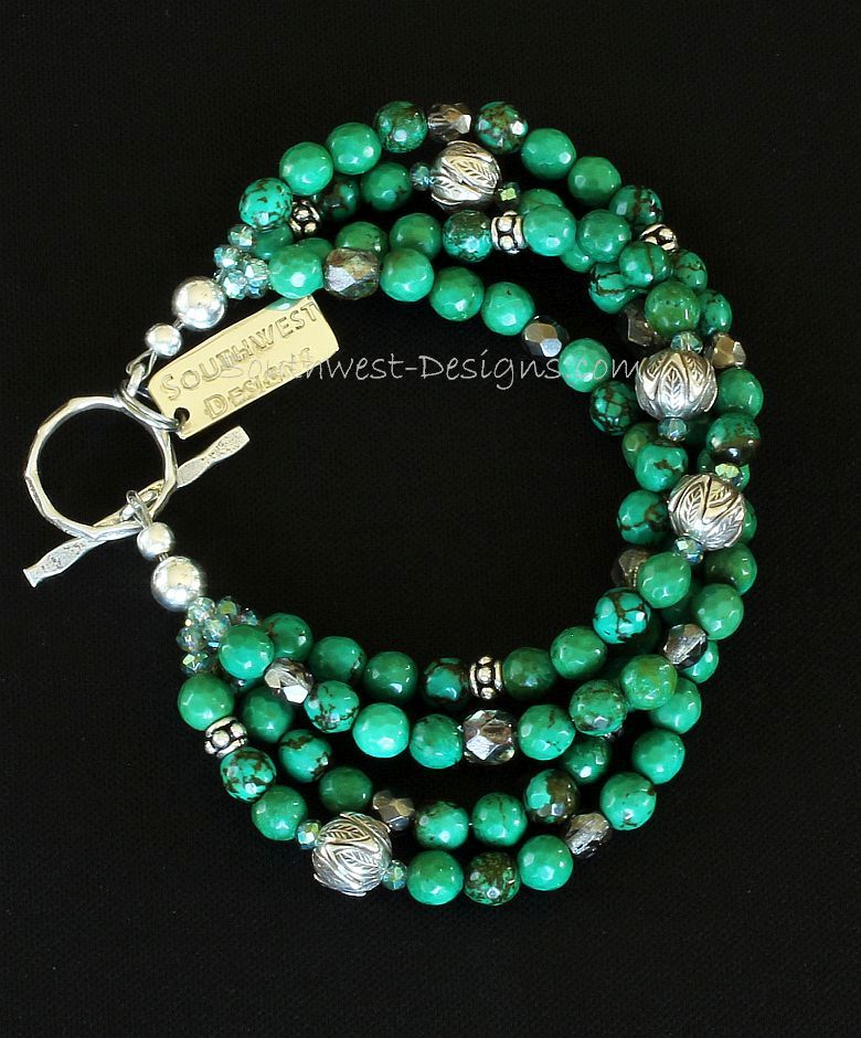 Green Turquoise Faceted Rounds 4-Strand Bracelet with Fire Polished Glass, Ornate Sterling Silver Rounds, Sterling Wheel Spacers and Textured Sterling Toggle Clasp