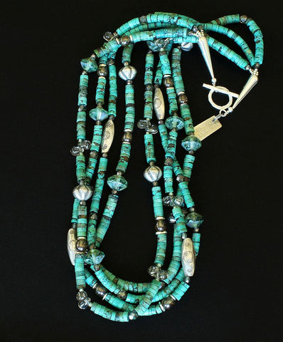 Turquoise Heishi 4-Strand Necklace with Crystal, Czech Glass and Sterling Silver