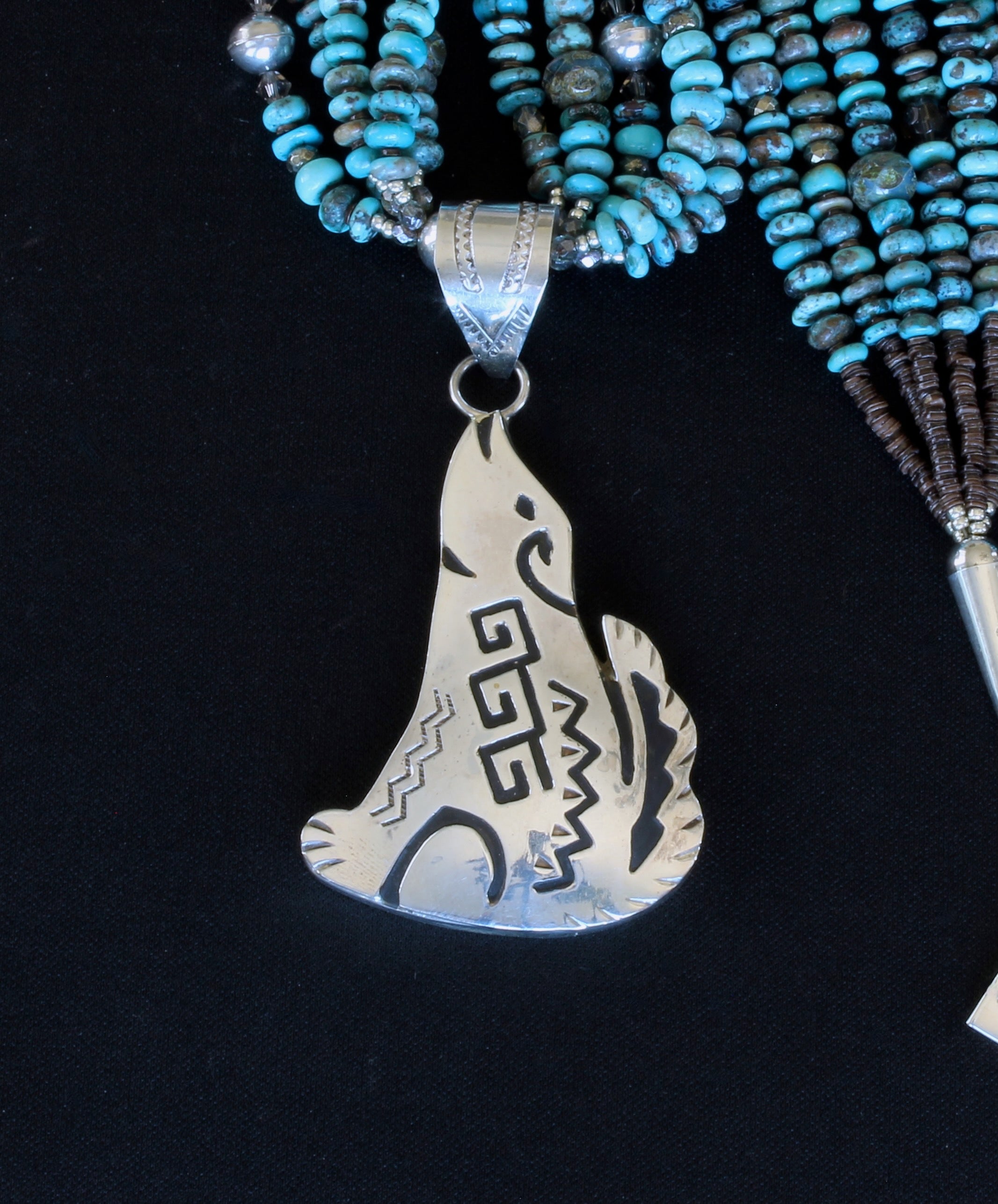 Alonzo Mariano Sterling Silver Coyote Pendant with 5 Strands of Turquoise Rondelles