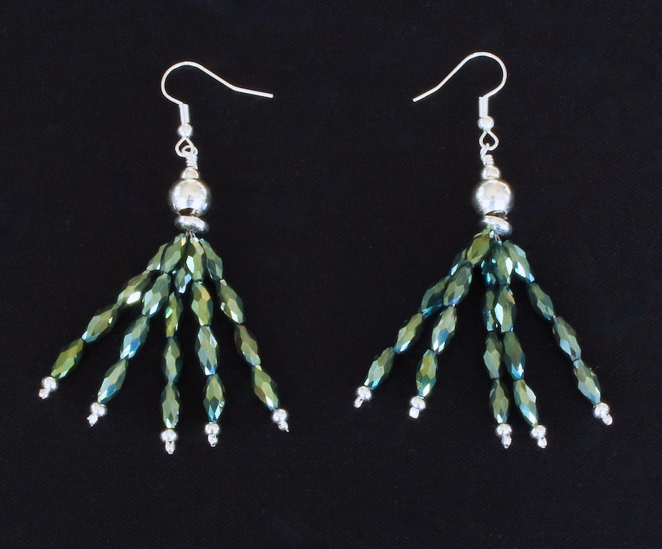 Emerald Green Glass Rice Bead Earrings with Sterling Silver