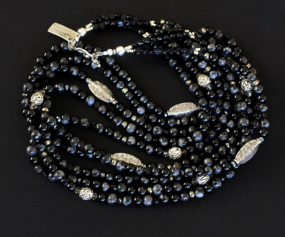 Indigo Gabbro & Onyx Rounds 5-Strand Necklace with Hill Tribe & Sterling Silver