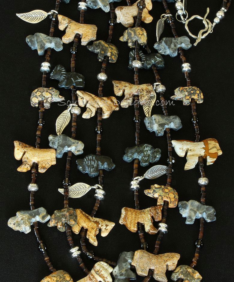36-Piece Jasper and Black Horn Talisman Necklace with Smoky Quartz and Sterling Silver Leaves, Beads and Toggle Clasp