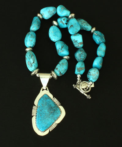 Kingman Turquoise & Sterling Pendant with 2 Strands of Nevada Blue Gem Nuggets & Sterling