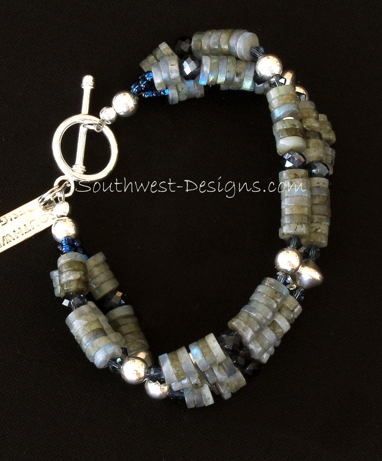 Labradorite Heishi 3-Strand Bracelet with Swarovski Crystal and Sterling Silver