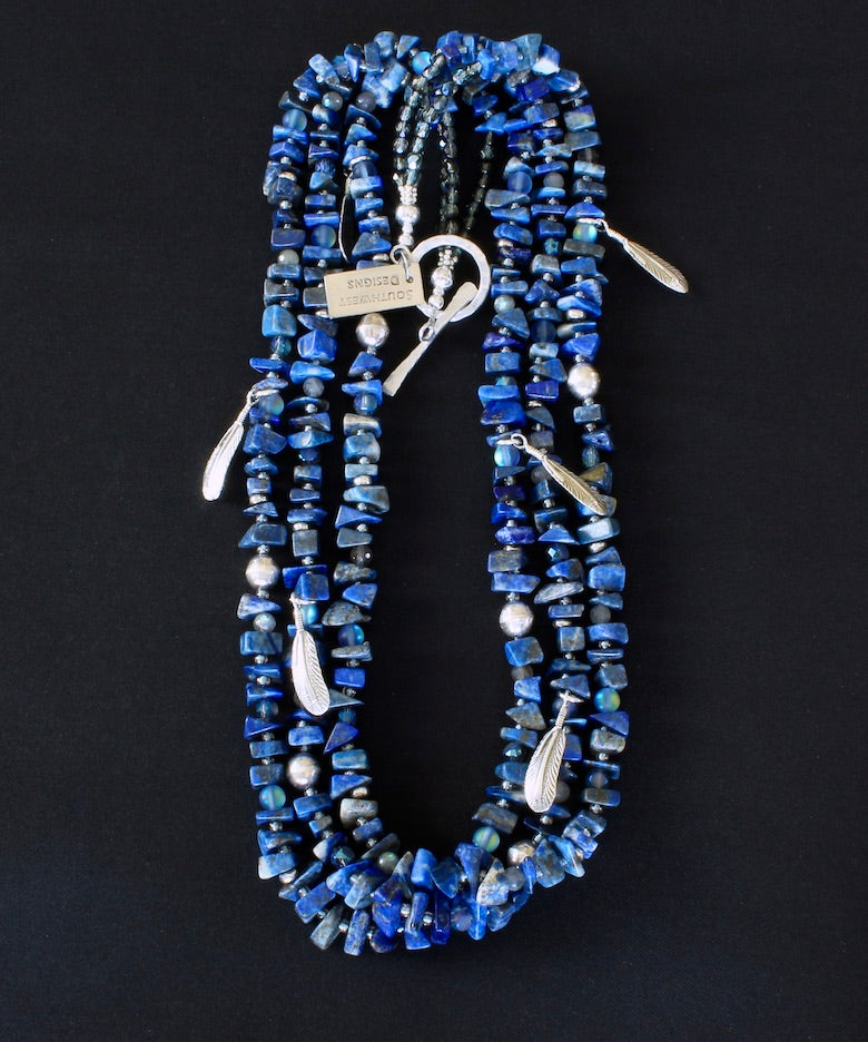 Lapis Lazuli Nugget 3-Strand Necklace with Labradorite, Crystal, Czech Glass and Sterling Silver