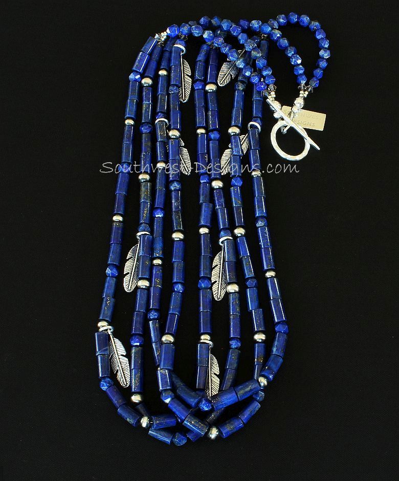 Lapis Cylinder Bead 4-Strand Necklace with Sterling Silver Beads and Feather Charms