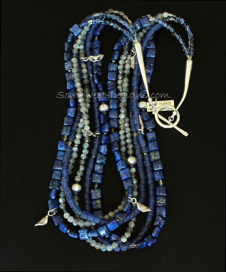 Lapis, Indonesian Glass and Labradorite 6-Strand Necklace with Sterling Silver