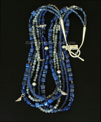 Lapis, Indonesian Glass and Labradorite 6-Strand Necklace with Sterling Silver