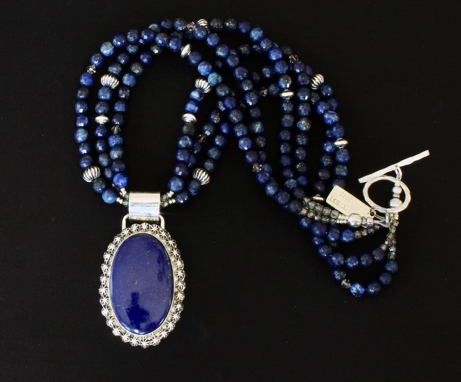 Lapis Lazuli & Sterling Silver 29 Concho Button Pendant with Czech Glass and Sterling Silver