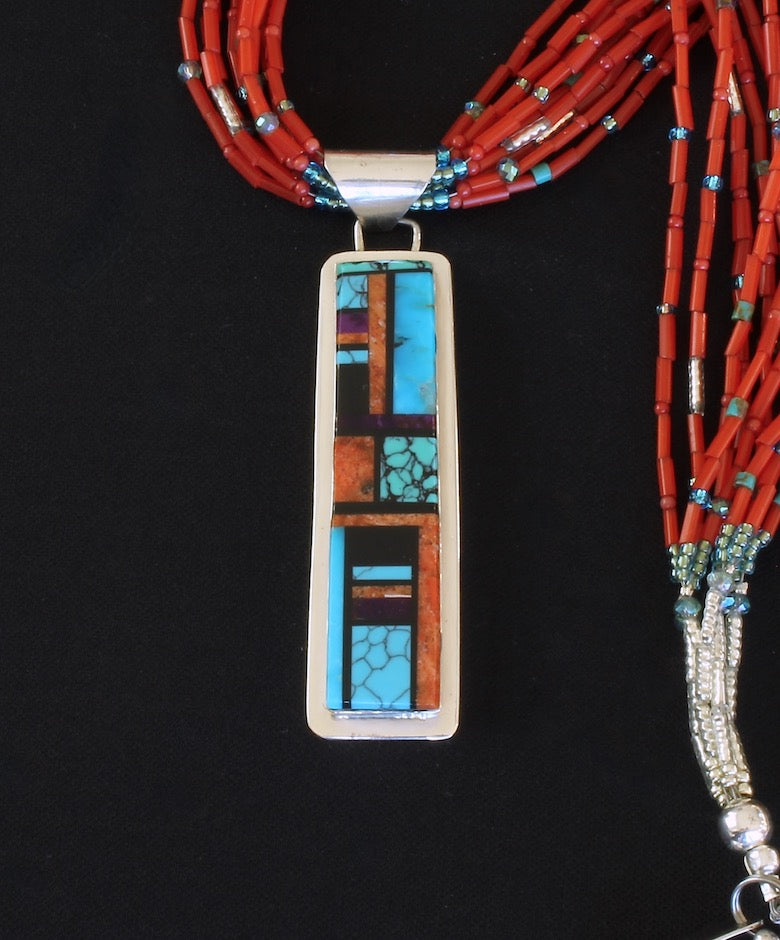 Navajo Inlaid Gemstone and Sterling Silver Pendant with 10 Strands of Antique Pote Beads