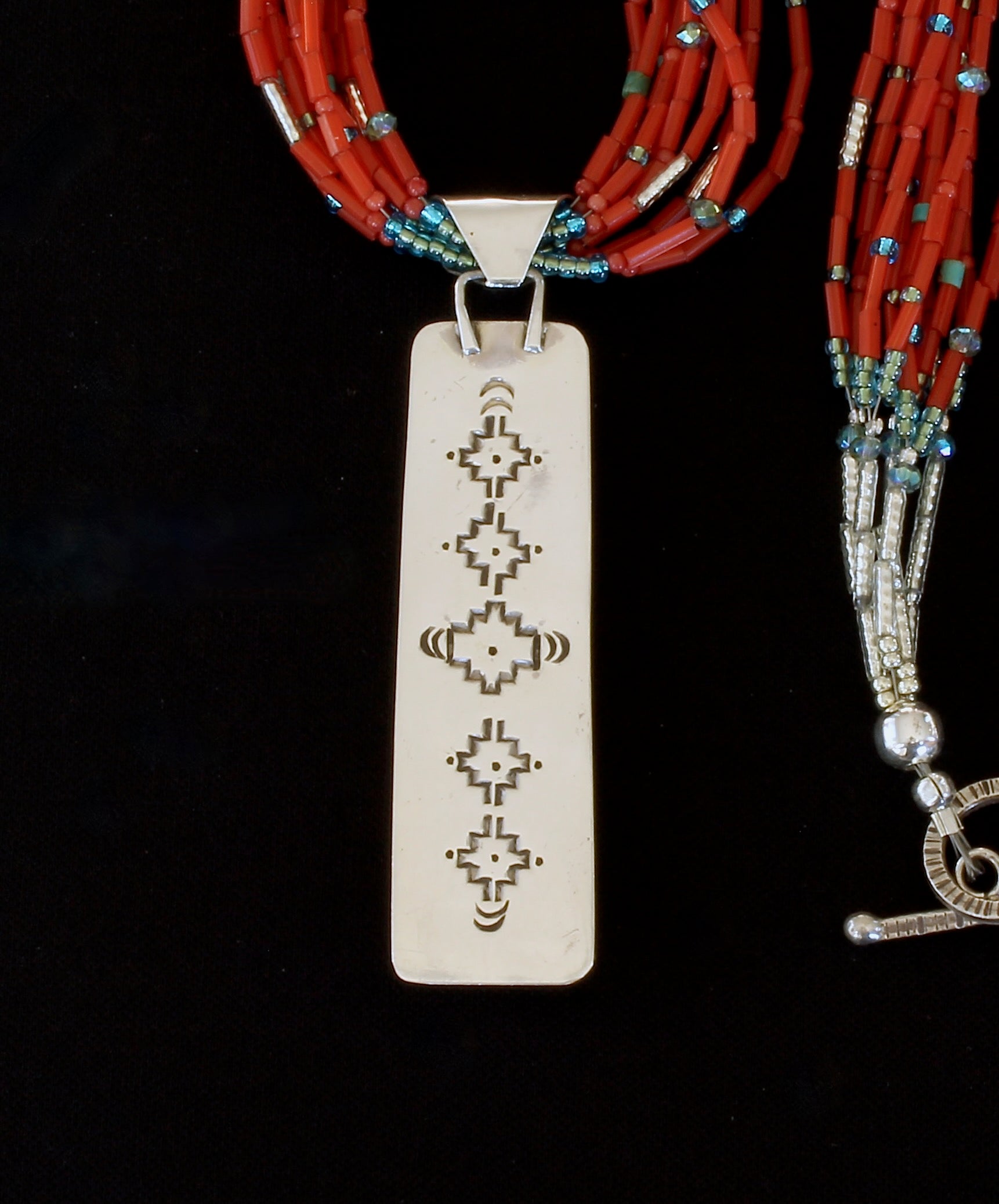 Navajo Gemstone & Sterling Silver Reversible Inlay Pendant with Pote Beads