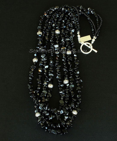 Black Onyx 4-Strand Necklace with Smoky Quartz, Czech Nailheads and Sterling Silver