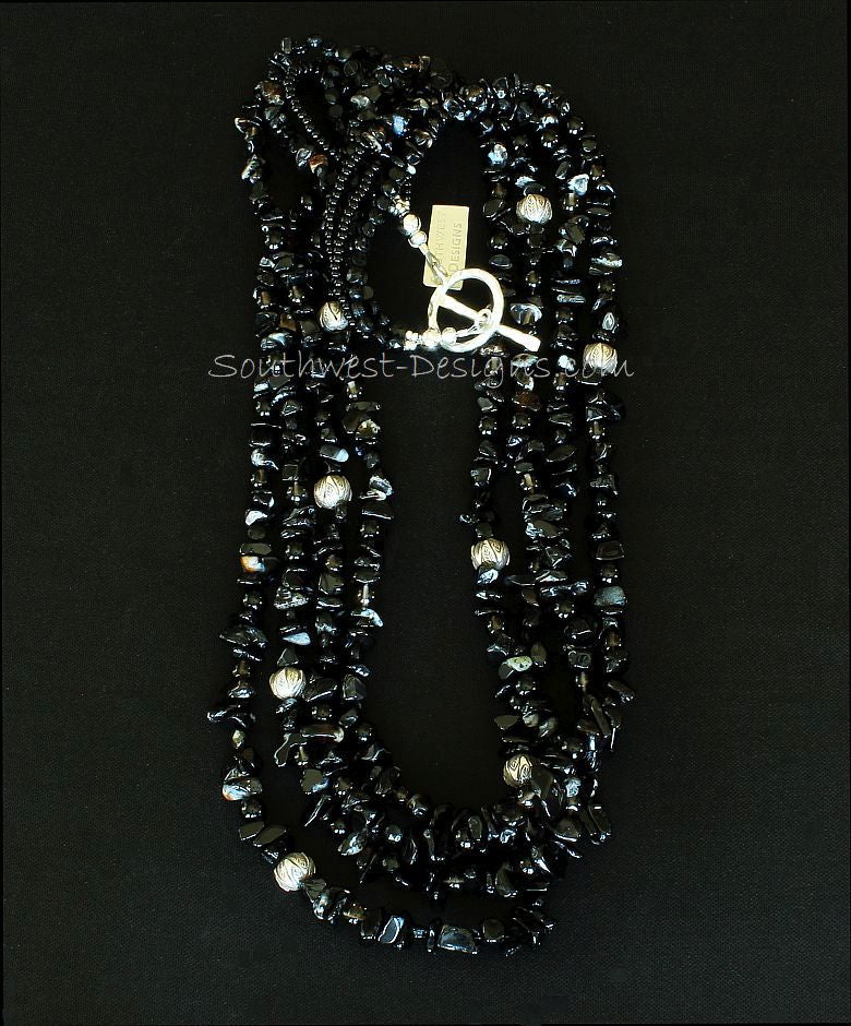 Black Onyx 4-Strand Necklace with Smoky Quartz, Czech Nailheads and Sterling Silver