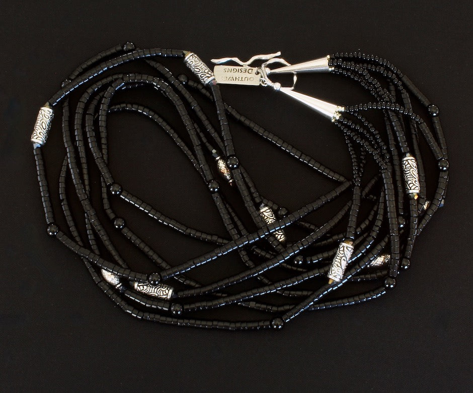 Black Onyx Heishi 6-Strand Necklace with Ornate Sterling Silver