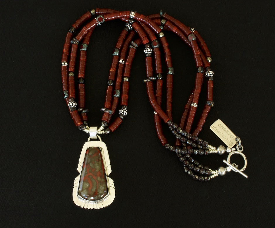 Poppy Jasper & Sterling Silver Pendant with 3 Strands of Red Jasper Heishi, Czech Glass and Sterling Silver