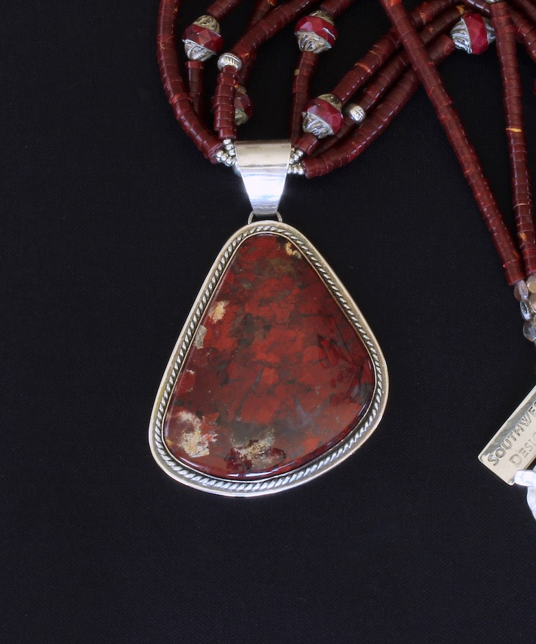 Rainbow Brecciated Jasper and Sterling Silver Pendant with Red Jasper Heishi, Czech Glass and Sterling Silver